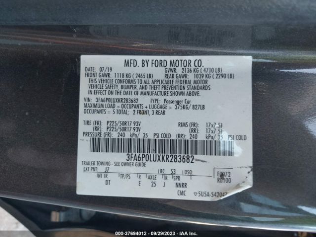 3FA6P0LUXKR283682 Ford Fusion Hybrid Se