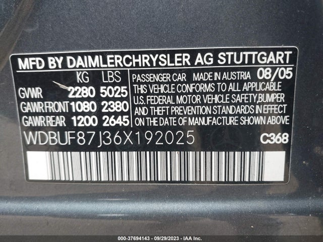 2006 MERCEDES-BENZ E-CLASS 3.5L VIN: WDBUF87J36X192025