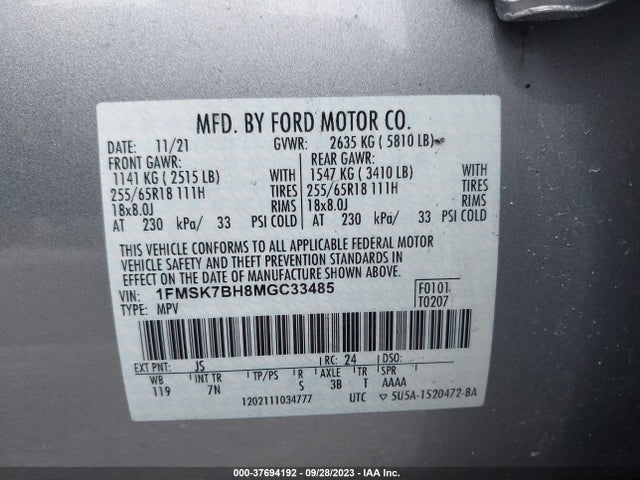 1FMSK7BH8MGC33485 Ford Explorer Base