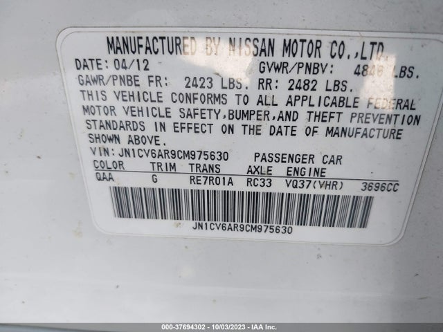 2012 INFINITI G37X VIN: JN1CV6AR9CM975630