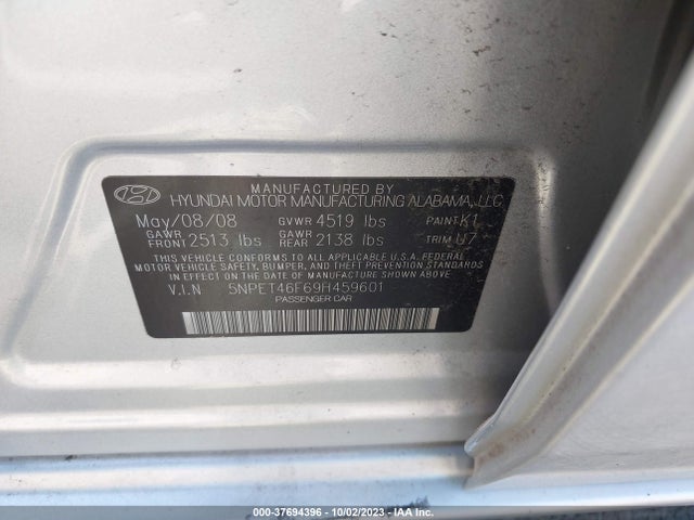 2009 HYUNDAI SONATA GLS VIN: 5NPET46F69H459601