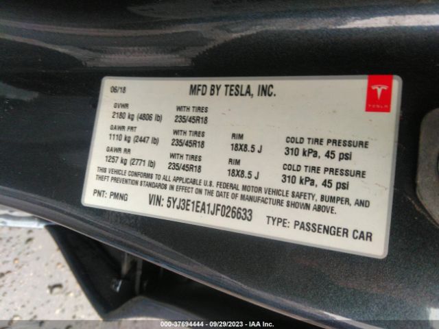 5YJ3E1EA1JF026633 Tesla Model 3 Range Battery