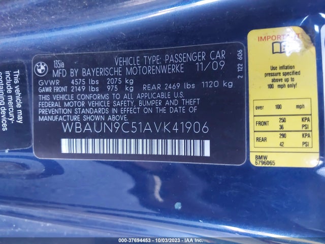 2010 BMW 1 SERIES 135I VIN: WBAUN9C51AVK41906