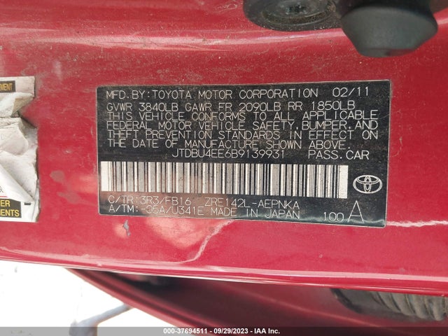 37694511 :رقم المزاد ، JTDBU4EE6B9139931 vin ، 2011 Toyota Corolla Le مزاد بيع
