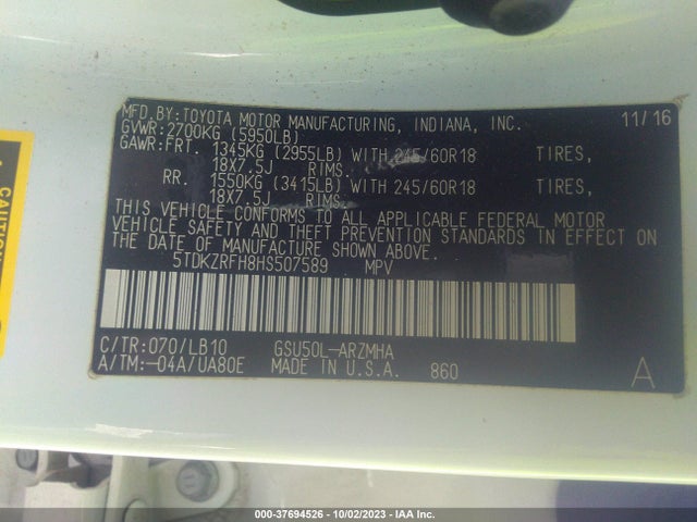 Toyota Highlander Xle/se 2017 5TDKZRFH8HS507589 Image 9