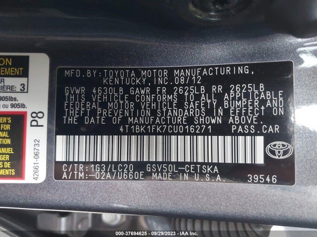 2012 TOYOTA CAMRY SE/XLE VIN: 4T1BK1FK7CU016271