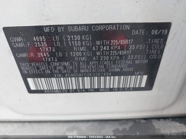 4S4BSAFC0K3387494 Subaru Outback Premium