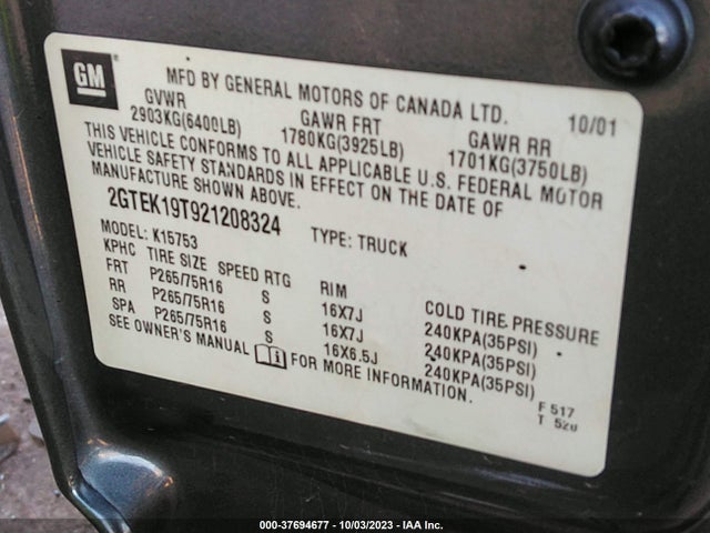 2002 GMC SIERRA 1500 SLE VIN: 2GTEK19T921208324