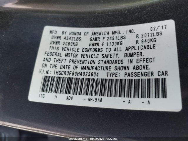 1HGCR3F80HA025604 Honda Accord Sedan Ex-l V6