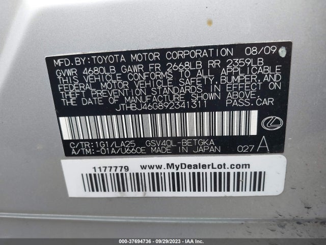 2009 LEXUS ES 350 VIN: JTHBJ46G892341311
