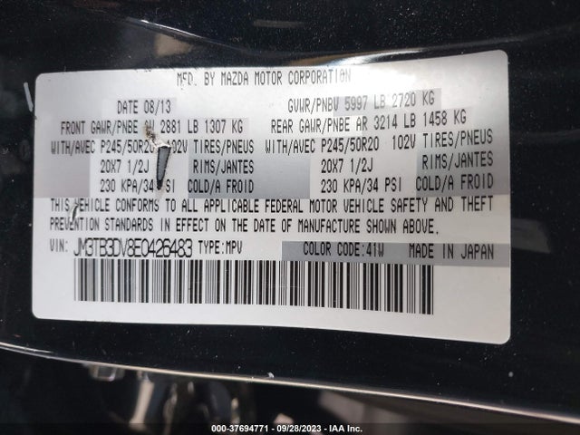 2014 MAZDA CX-9 GRAND TOURING VIN: JM3TB3DV8E0426483