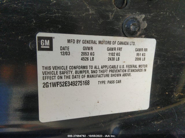 2004 CHEVROLET IMPALA VIN: 2G1WF52E349275168