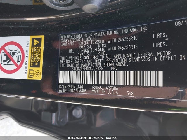 Toyota Highlander Limited 2019 5TDDZRFH0KS728135 Image 9