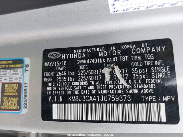 Hyundai TUCSON SEL 2018 KM8J3CA41JU759373 Image 9