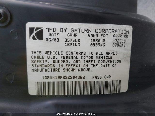 2003 SATURN ION ION 2 VIN: 1G8AM12F83Z204362