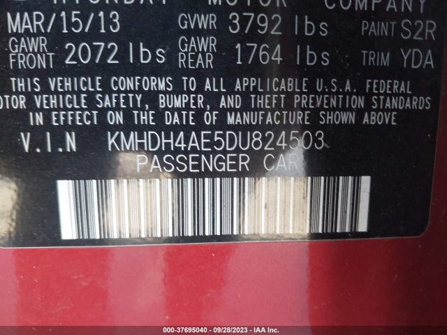 2013 HYUNDAI ELANTRA GLS PZEV VIN: KMHDH4AE5DU824503