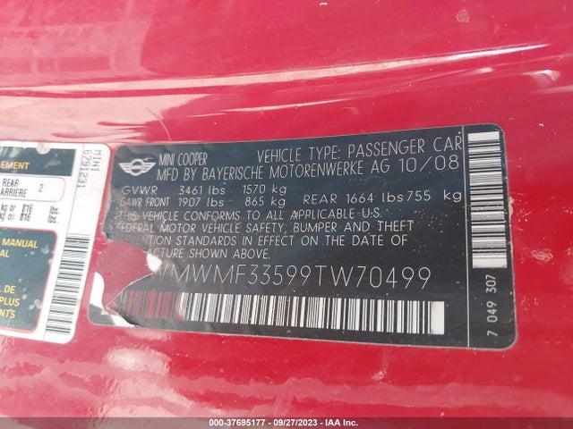 2009 MINI COOPER HARDTOP WMWMF33599TW70499 Photo 8