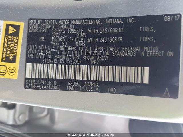 Toyota Highlander Xle/se 2017 5TDKZRFH7HS523394 Image 9