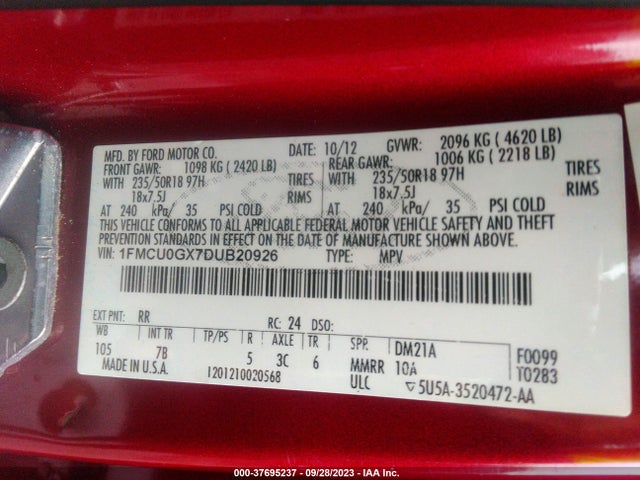 2013 FORD ESCAPE SE VIN: 1FMCU0GX7DUB20926