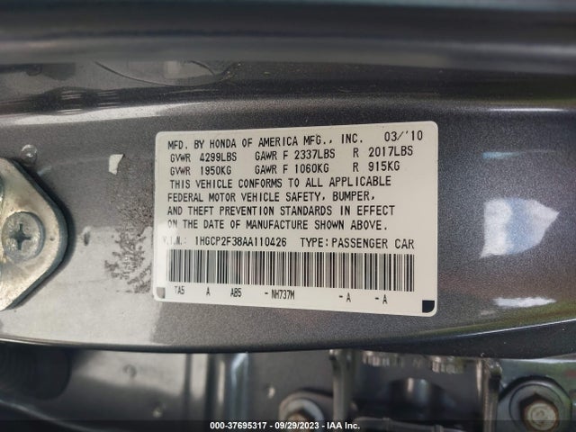 2010 HONDA ACCORD SDN LX VIN: 1HGCP2F38AA110426