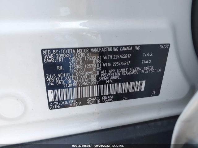 2022 TOYOTA RAV4 LE VIN: 2T3H1RFV8NW219072