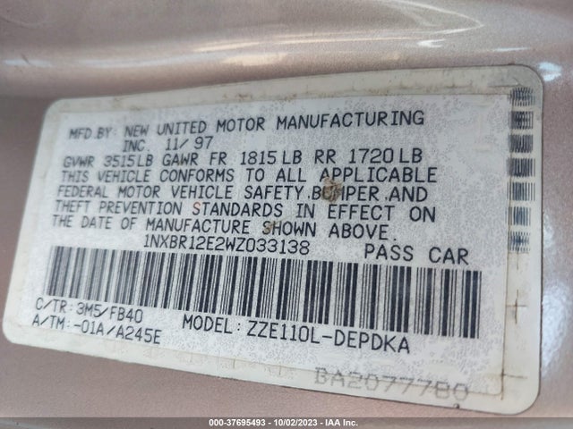 1998 TOYOTA COROLLA VE/CE/LE VIN: 1NXBR12E2WZ033138