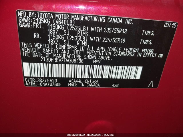 Toyota Rav4 Limited 2015 2T3DFREV7FW308196 Image 9