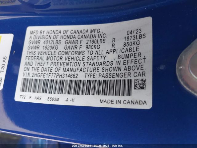 2HGFE1F77PH314662 Honda Civic Sedan Ex