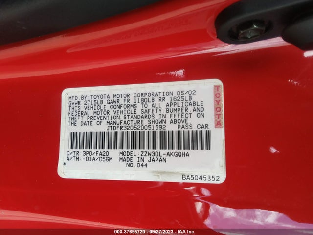 2002 TOYOTA MR2 SPYDER VIN: JTDFR320520051592