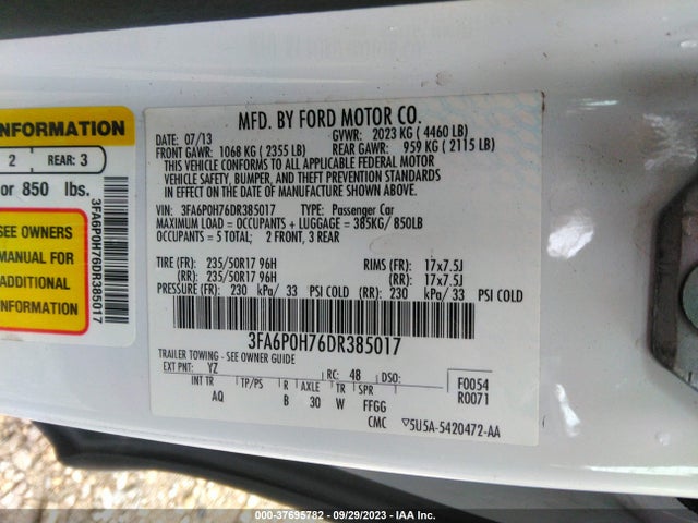 2013 FORD FUSION SE VIN: 3FA6P0H76DR385017