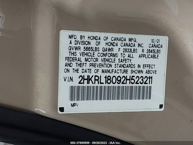 2002 HONDA ODYSSEY EX-L W/DVD/LEATHER VIN: 2HKRL18092H523211