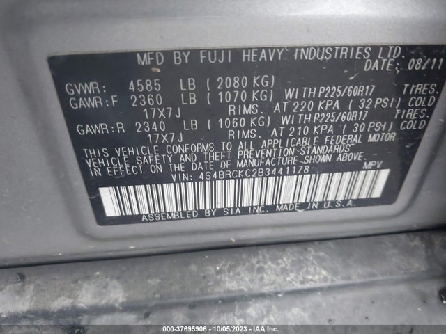2011 SUBARU OUTBACK 2.5I LIMITED PWR MOON VIN: 4S4BRCKC2B3441178