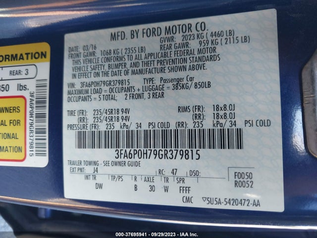 Ford FUSION SE 2016 3FA6P0H79GR379815 Image 9