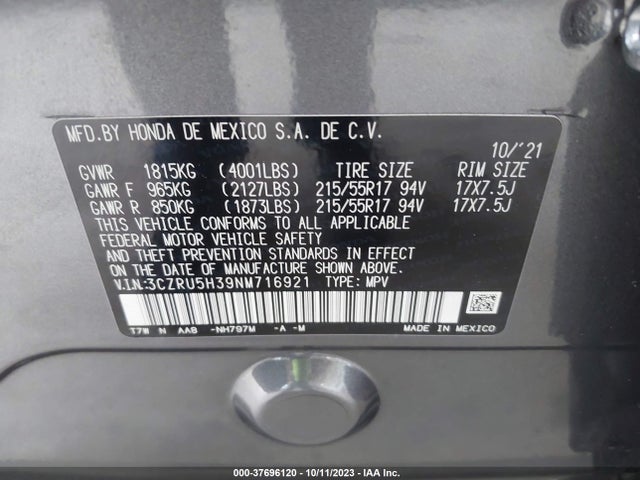 Honda HR-V LX 2022 3CZRU5H39NM716921 Image 9