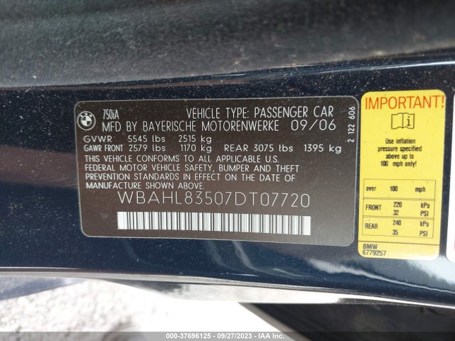 2007 BMW 7 SERIES 750I VIN: WBAHL83507DT07720