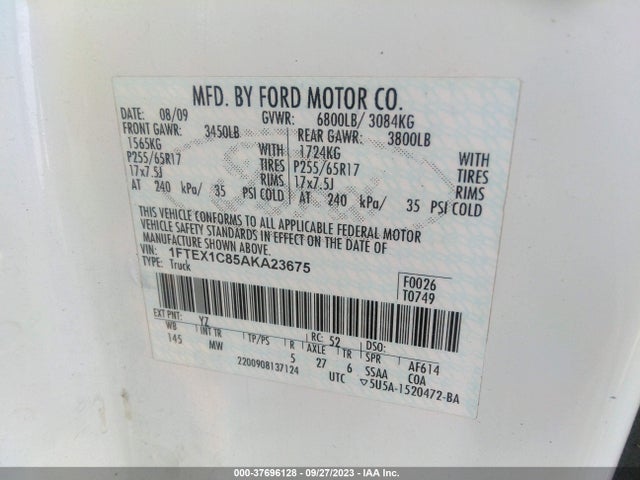 2010 FORD F-150 XL/STX/XLT/FX2 SPORT VIN: 1FTEX1C85AKA23675
