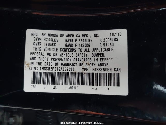 Honda ACCORD LX 2016 1HGCR2F31GA039265 Image 9
