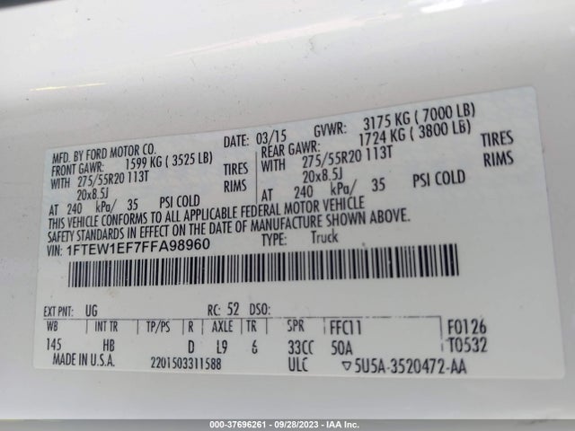 Ford F-150 Xlt/xl/lariat/platinum 2015 1FTEW1EF7FFA98960 Image 9