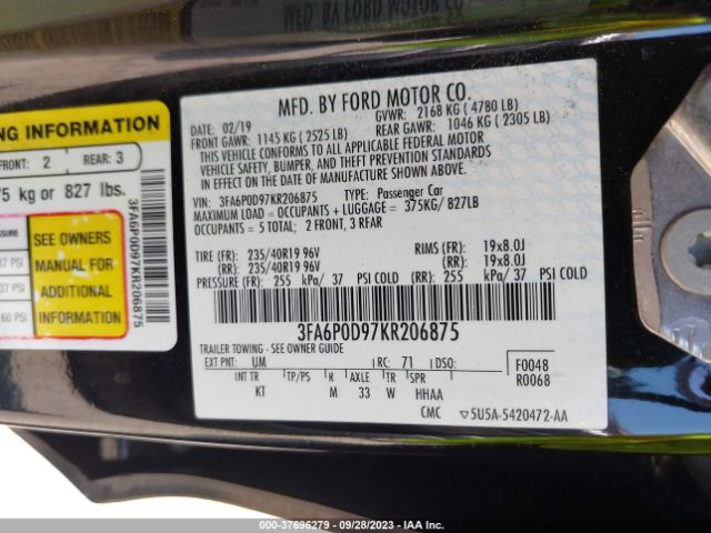 3FA6P0D97KR206875 Ford Fusion Titanium