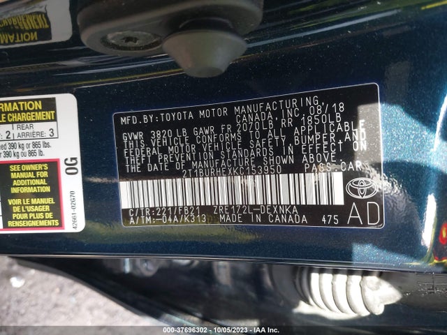2019 TOYOTA COROLLA L/LE/SE/XLE/XSE VIN: 2T1BURHEXKC153950