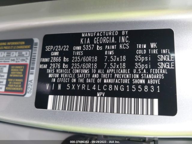 5XYRL4LC8NG155831 KIA SORENTO S