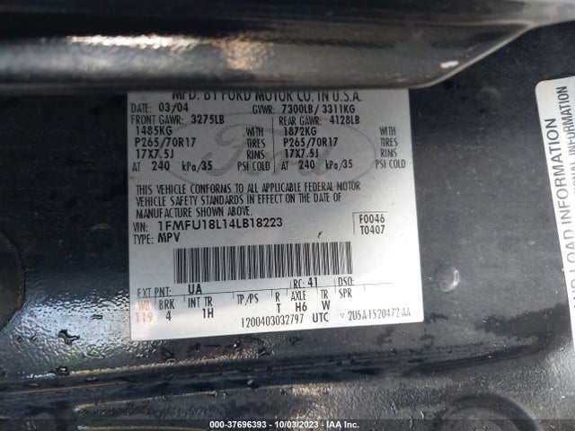 2004 FORD EXPEDITION EDDIE BAUER VIN: 1FMFU18L14LB18223