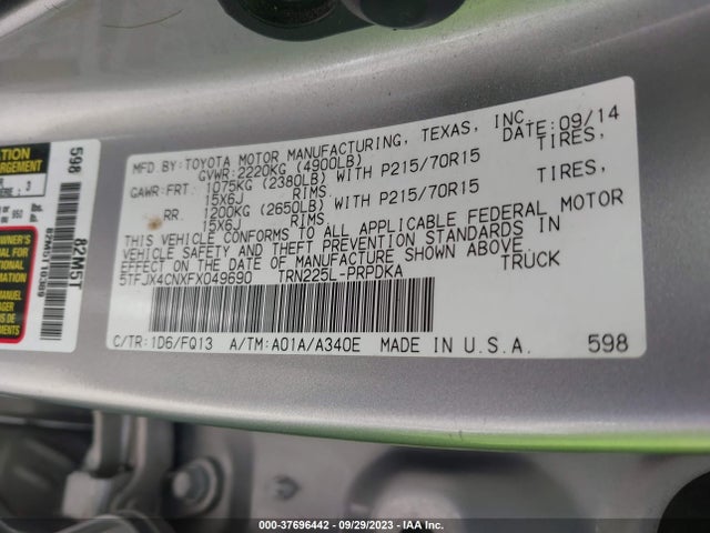 Toyota TACOMA 2015 5TFJX4CNXFX049690 Image 9