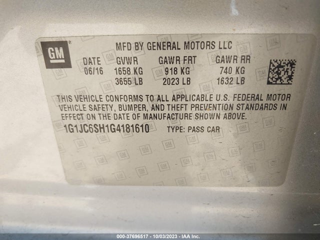 Chevrolet SONIC LT 2016 1G1JC6SH1G4181610 Image 9