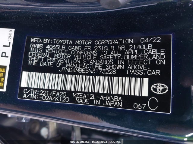 2022 TOYOTA COROLLA HATCHBACK SE/NIGHTSHADE/XSE VIN: JTND4MBE5N3173228