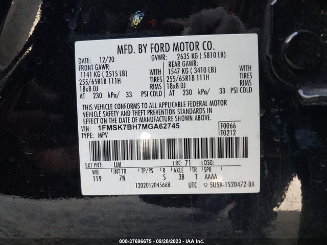 2021 FORD EXPLORER VIN: 1FMSK7BH7MGA62745
