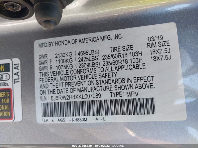 Honda Cr-v Ex-l 2019 5J6RW2H8XKL007089 Image 9