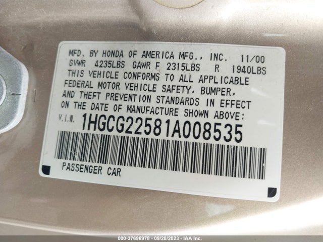 2001 HONDA ACCORD CPE EX W/LEATHER VIN: 1HGCG22581A008535