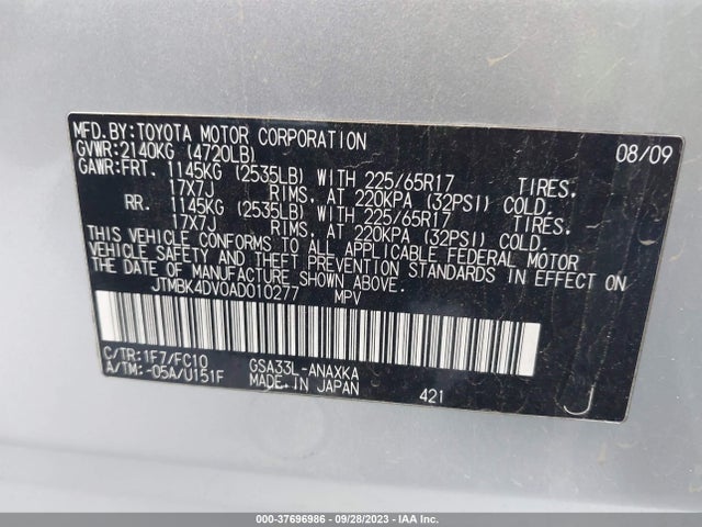 2010 TOYOTA RAV4 BASE V6 VIN: JTMBK4DV0AD010277