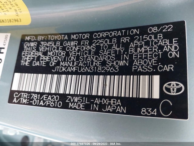 2022 TOYOTA PRIUS L VIN: JTDKAMFU6N3182963